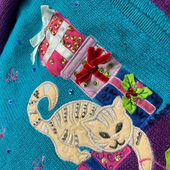 Heirloom Collectibles Vintage Christmas Cat Cardigan Sweater Small Art To Wear - Picture 8 of 13